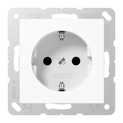 Розетка JUNG AS 500, скрытый монтаж, с заземлением, со шторками, белый
