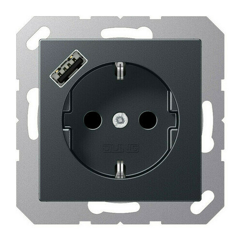 Розетка с USB Jung A 500, скрытый монтаж, с заземлением, антрацит матовый, A1520-18AANM